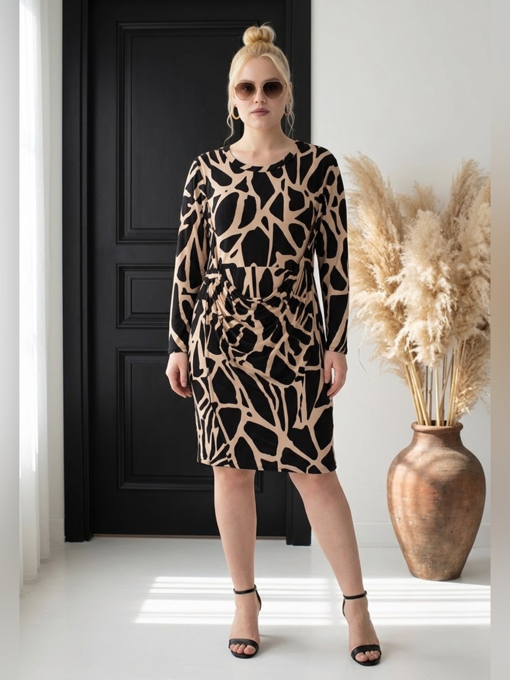 Gilli Black and Beige Abstract-Print Long Sleeve Faux Wrap Dress